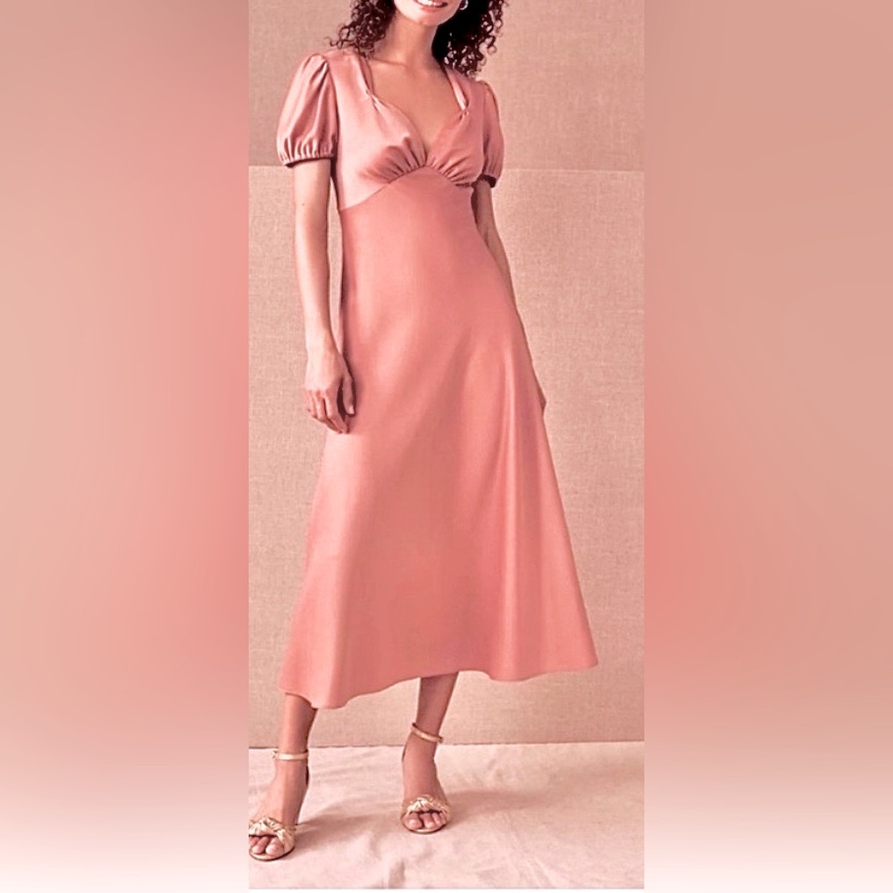 BHLDN Sachin & Babi Shelly Maxi Dress Ruched Low Cut Satin Coral Pink Size 6 NWT
